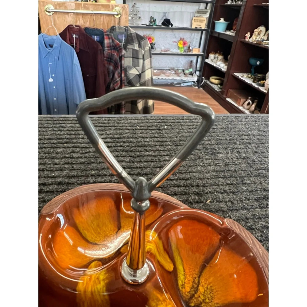 Vintage Sequoia Ware 618 Glaze Pottery 3 Sectioned Orange Nut Candy Serving Dish